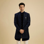 Navy Blue Sequinned Indo Sherwani Set