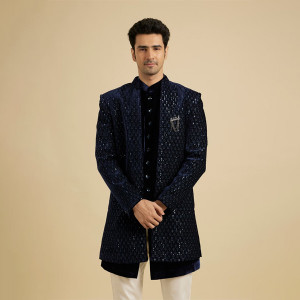 Navy Blue Sequinned Indo Sherwani Set