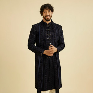 Indigo Blue Jaal Patterned Sequinned Sherwani Set