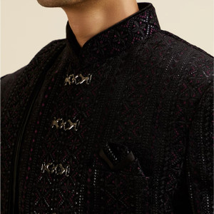 Midnight Black Jaal Patterned Sequinned Sherwani Set